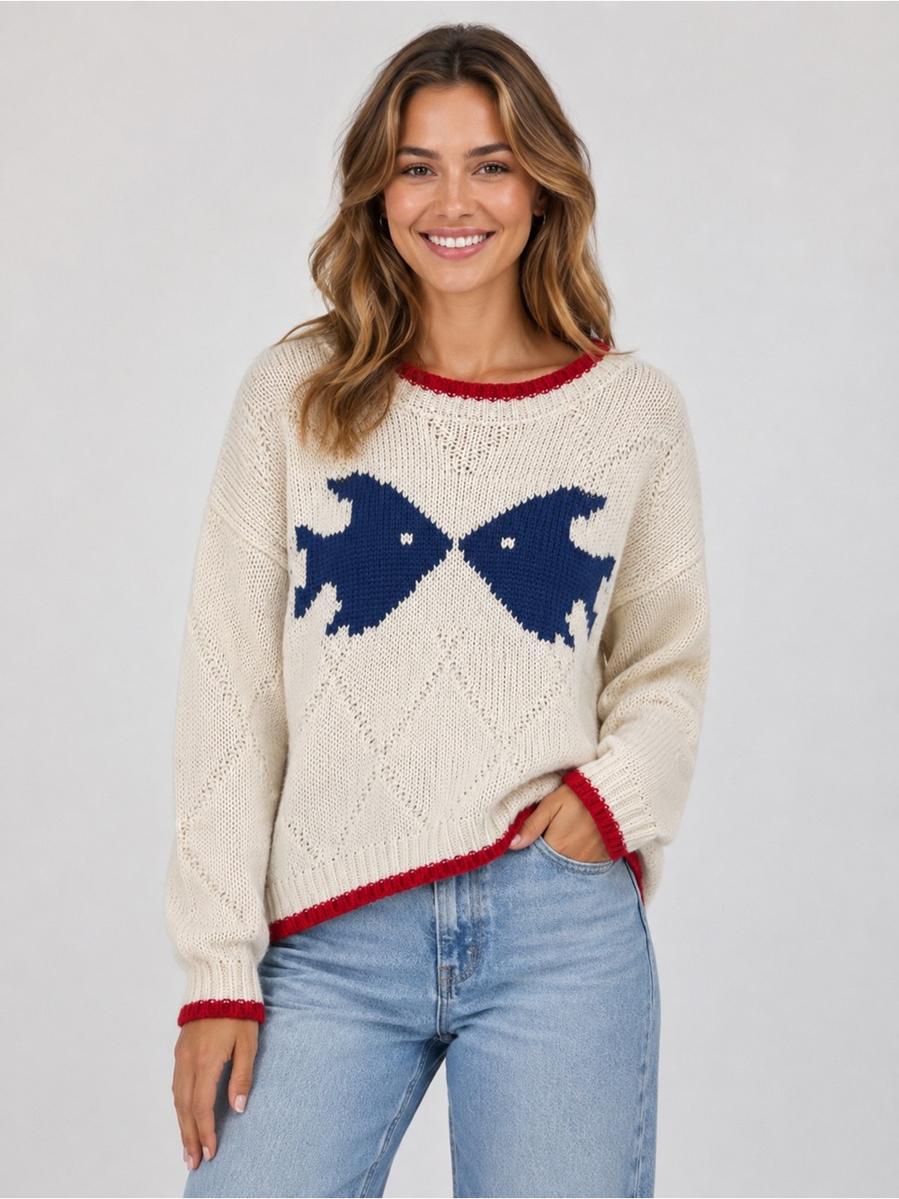Boutique Kissing Fish Knit Nautical Oversized Sweater Large Patriotic Red/Navy